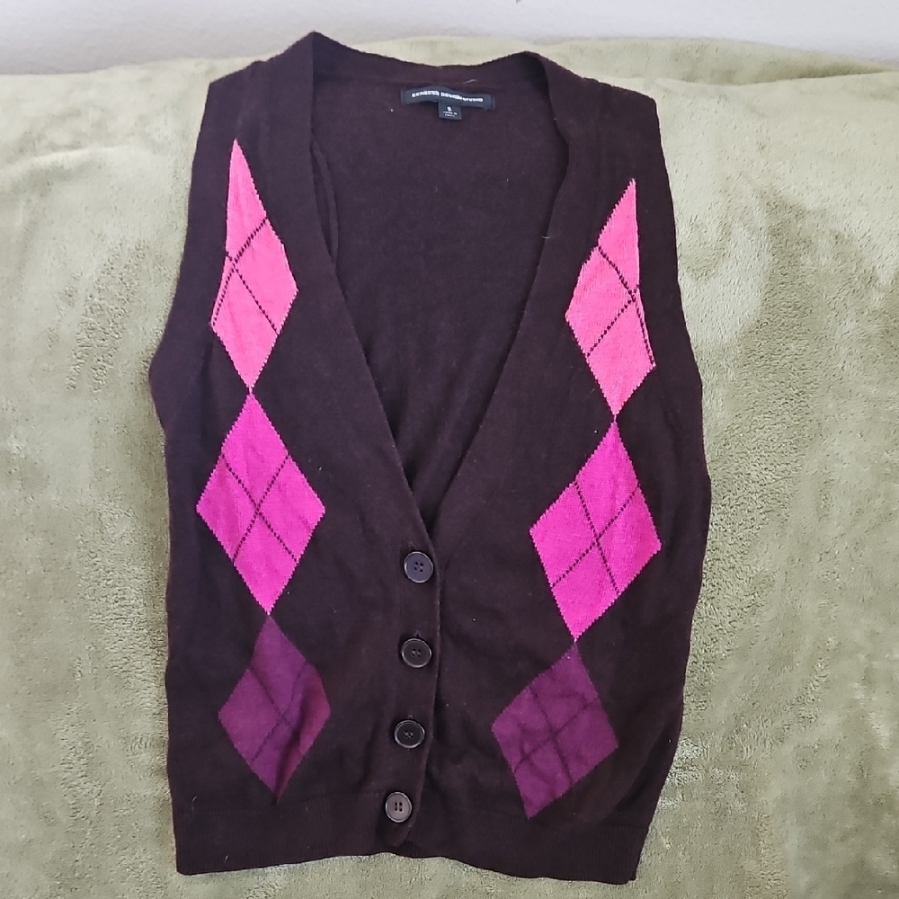 Brown and Pink V-Neck Cardigan Sweater
